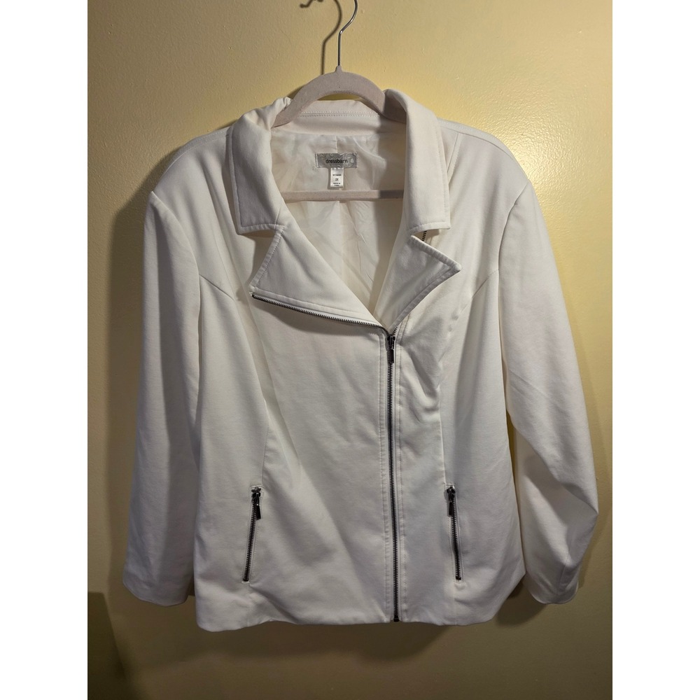 Dressbarn Woman White Moto Jacket Asymmetrical Zip Ponte Knit Size 2X